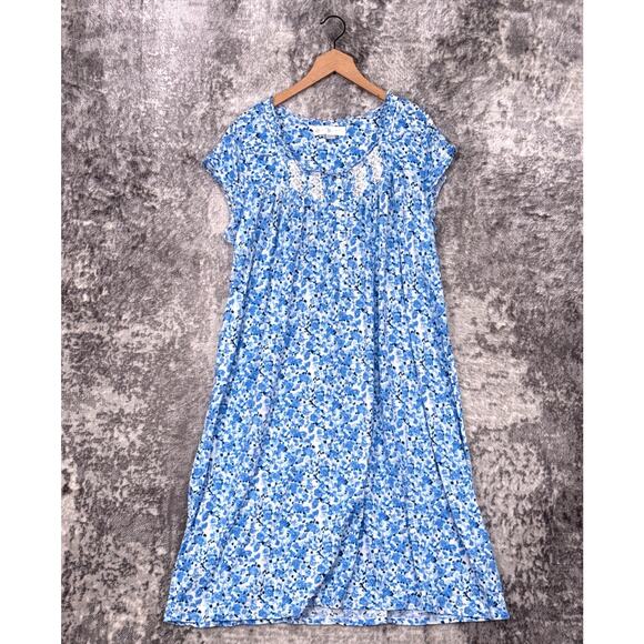 Eileen West Night Gown XL Womens Blue Floral Cotton Modal Midi - Picture 1 of 9